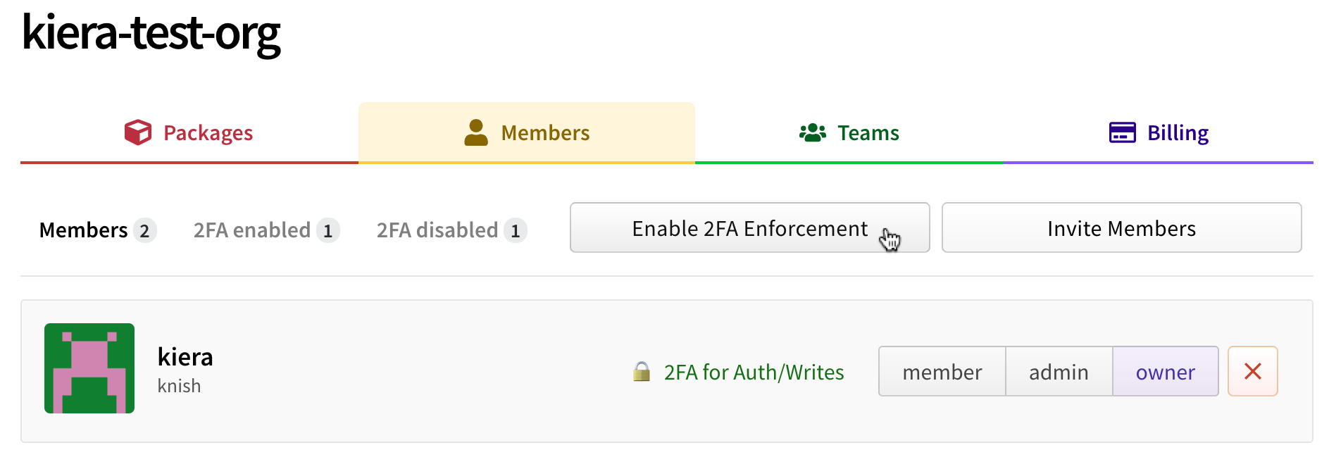 Screenshot of the enforce 2fa button